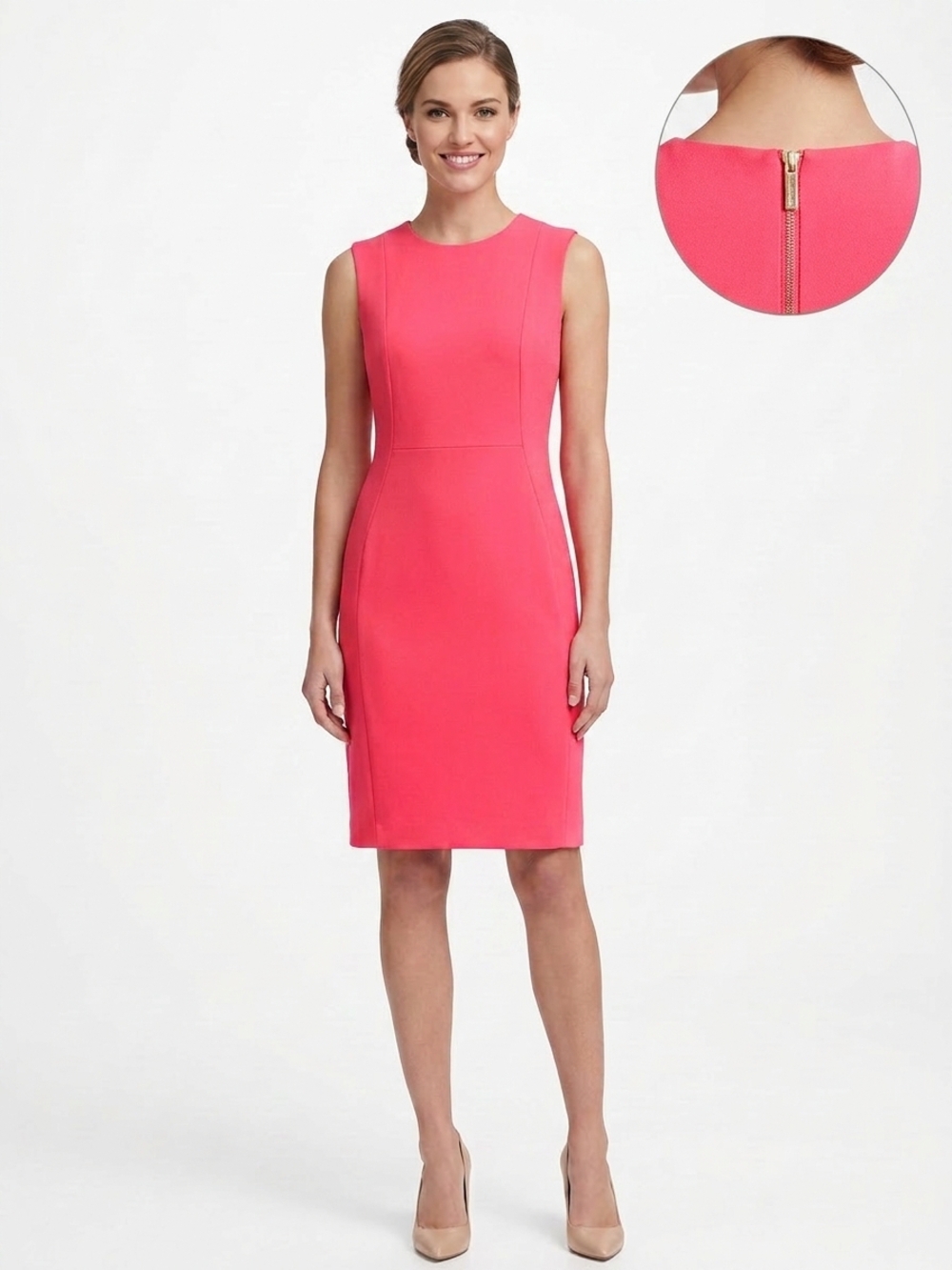 Calvin Klein Coral-Pink Sleeveless Sheath Midi Dress